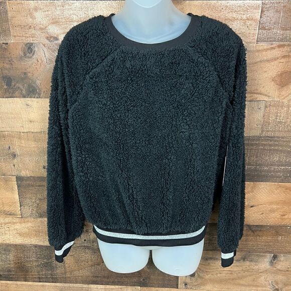 1. State Teddy Fuzzy Sweatshirt Pullover Top Black Silver Metallic Trim Small - Picture 14 of 16